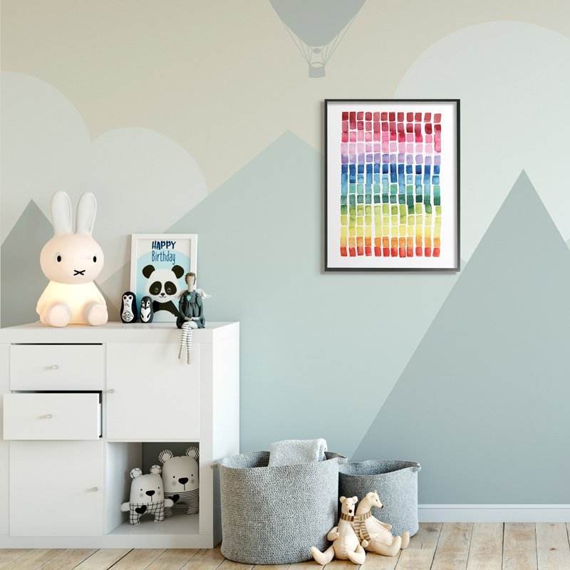 Carreaux géométriques aquarelle arc-en-ciel sur blanc, Giclée encadrée noir minuit, H 30 po x l 24 po x P 1,5 po