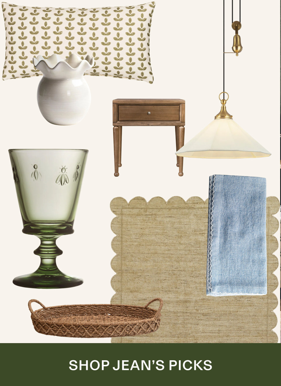 A curated collection of home decor including a patterned throw pillow, white vase, wooden nightstand, pendant light, green glass goblet, scalloped placemat, blue napkin, and woven tray with text at the bottom that reads Shop Jean's Picks.