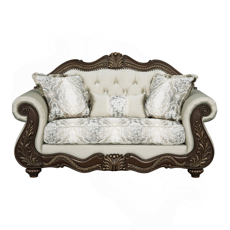Causeuse en tissu beige et cerisier avec 3 coussins