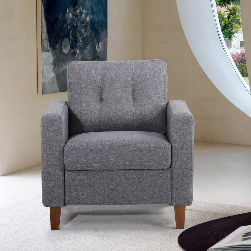 Fauteuil rembourré capitonné avec accoudoirs à boutons carrés et garniture carrée en tissu de polyester, Dark Grey