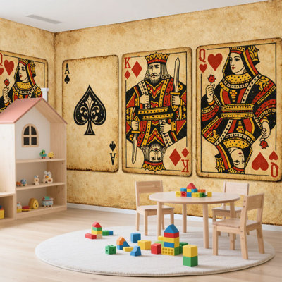 Peel and Stick Wallpaper 144" L x 100" W Modern Self Adhesive Wall Mural for Bedroom - With Vintage Playing Cards Featuring Ace King Queen Spades Clubs Print