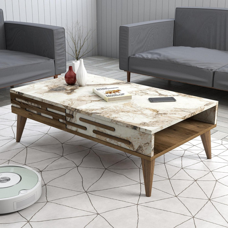 Modern Coffee Table with Marble Finish, Walnut & White, 41.3 x 23.6 x 13.6 inches | 100% Melamine Coated Particle Board, Thickness: 0.7 inches | Stylish Design, Perfect for Living Room & Contemporary Spaces