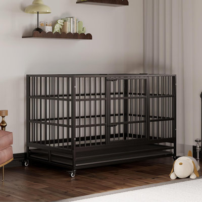   Large Heavy Duty Dog Crate, Metal Dog Cage Kennel Portable Crate Indoor/Outdoor with Double Door Lockable Wheels and Removable Tray for Small Medium Large Dogs Travel