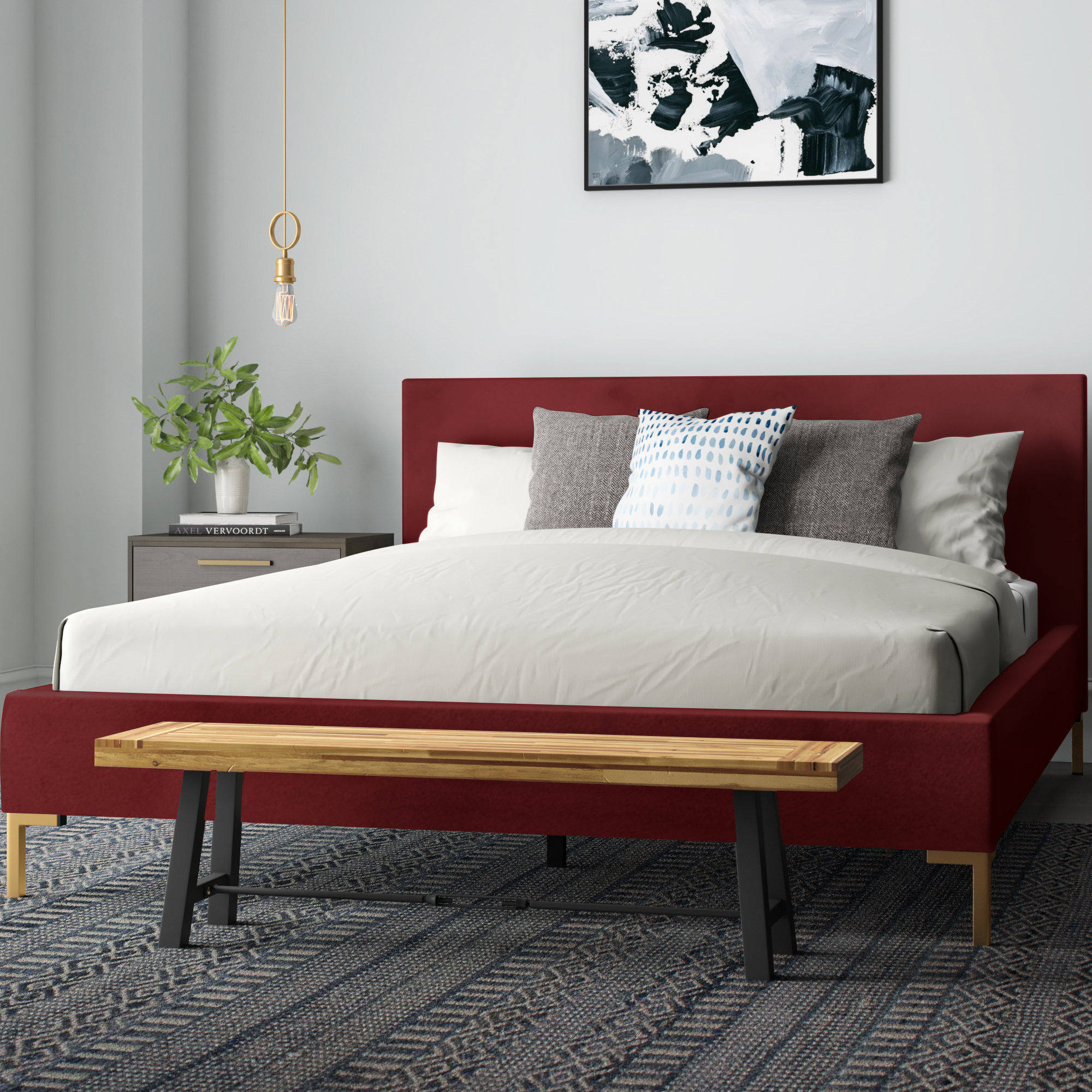 Rand Upholstered Bed, Brass, Classic Berry Velvet, Full