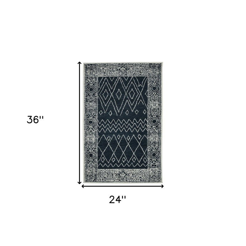 Tapis crocheté à la main 2 pi x 3 pi en laine gris anthracite et ivoire Southwestern