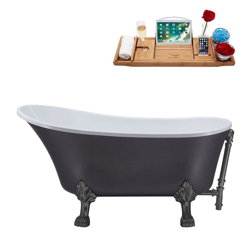 55" Streamline Clawfoot Soaking Acrylic Bathtub With Drain, Clawfeet, and Bamboo Tray, Brushed Gun Metal, Brushed Gun Metal