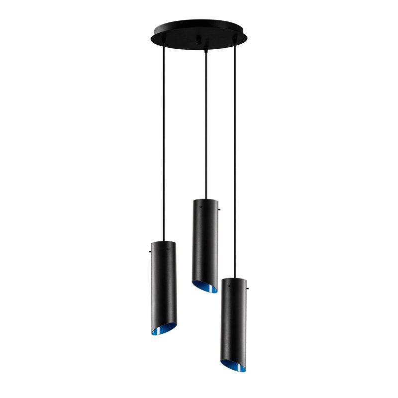 Luminaire suspendu cylindrique 3 lumières Aidie, Noir / bleu