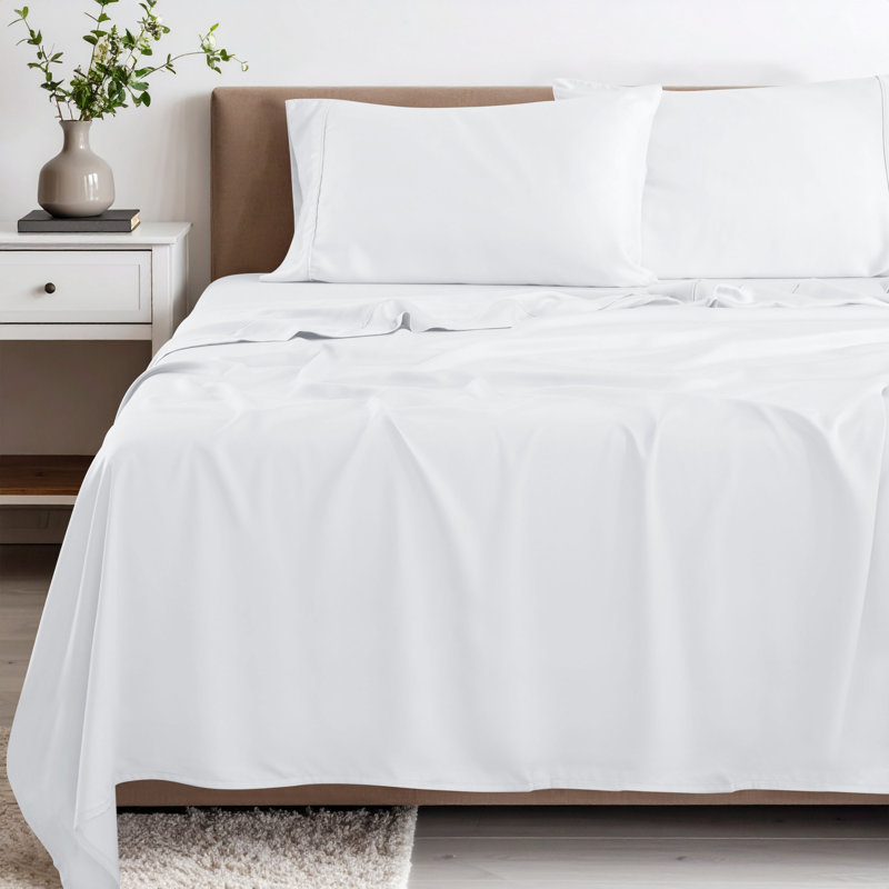 Superior 300 Thread Count 100% Rayon From Bamboo Solid Deep Pocket Bed Sheet Set, White, California King 4pc Set