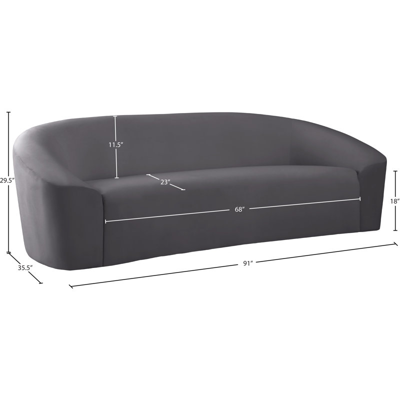 Canapé courbé Alaw, Velours gris, H 29,5 po x l 91 po x P 35,5 po
