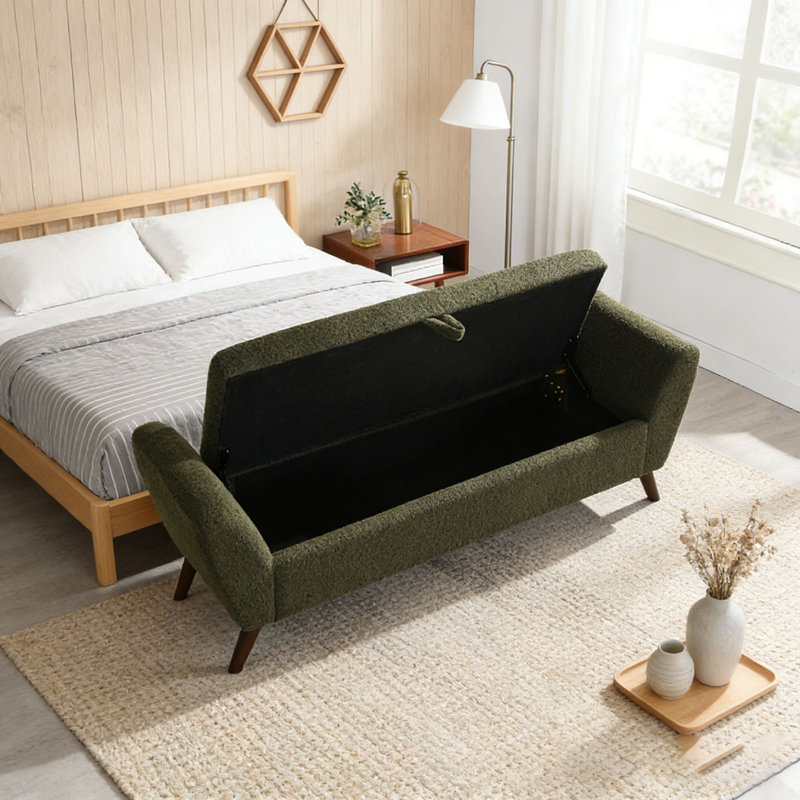 60'' Modern Storage Bench with Mid-Centruy Wood Legs, Olive Green