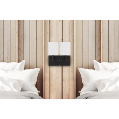 Oberlin 40W x 2 Wall Lamp with USB Port and Power Outlets, White Fabric Shade, Dark Bronze, 4L x 13W x 14H