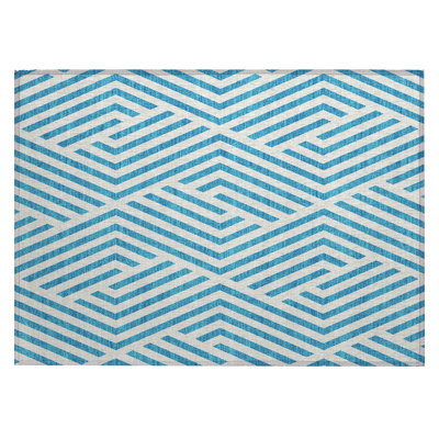 2' X 3' Teal and White Geometric Washable Non Skid Indoor Outdoor Area Rug