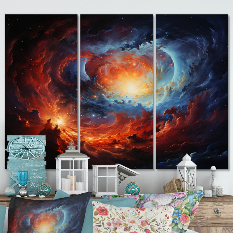 Rêves de galaxie astronomique orange bleu I - impression sur toile tendue 3 pièces, H 28 po x l 36 po x P 1 po