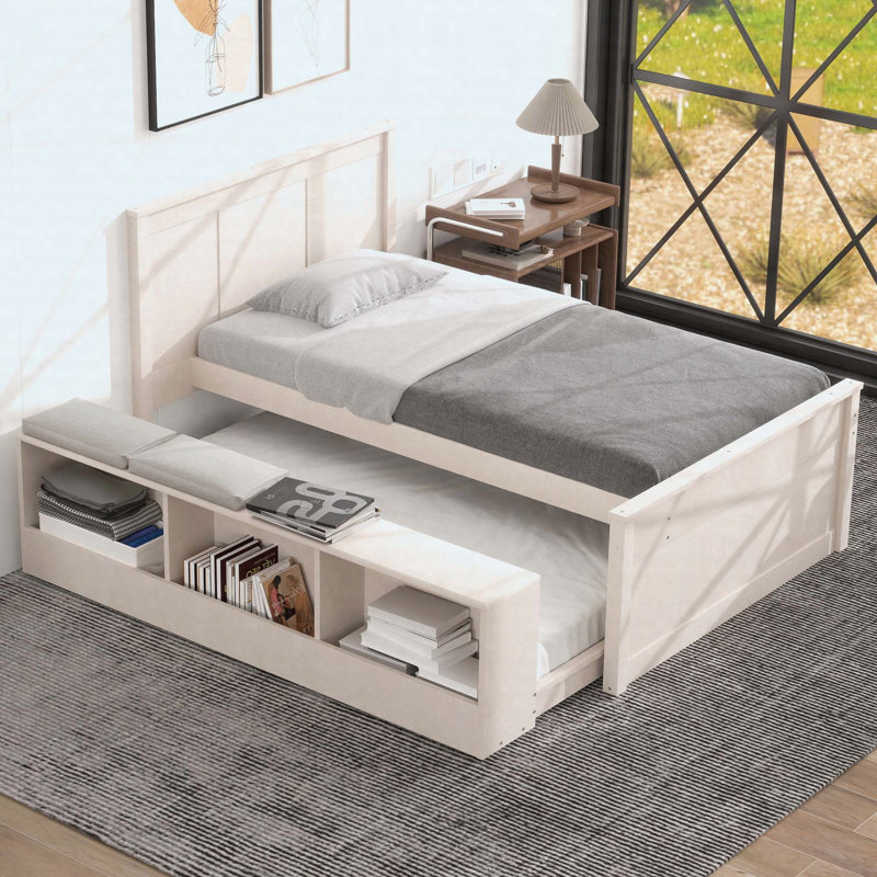 Lit plateforme simple en bois avec lit gigogne escamotable, armoire de rangement, blanc crème, Lit simple, Blanc, crème