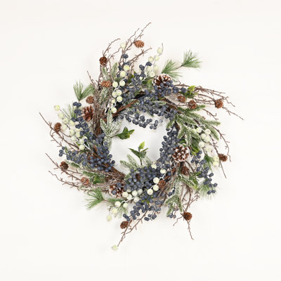 22" Artificial Farmhouse Twig Blossom Cluster Faux Pine Branches Berry Pinecone Christmas Day Winter Wreath For Front Door