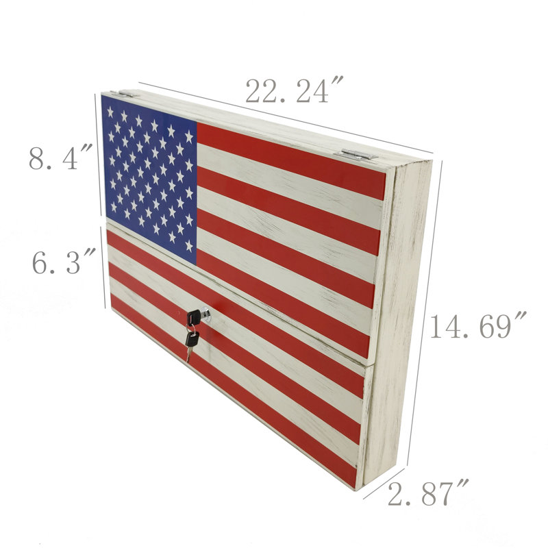 American Flag Gun Cabinet Safe with Lock 2 Keys Wall Mount Art Decor Concealed Metal Wood Storage