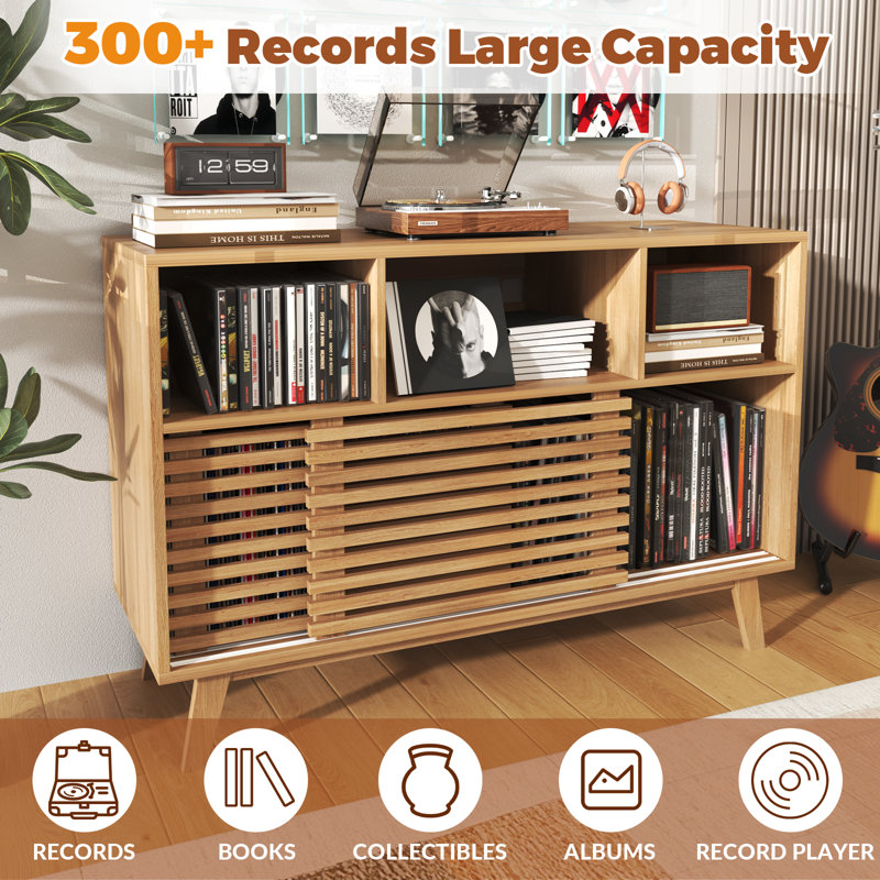 Support pour tourne-disque l 47,2 po avec portes coulissantes, vitrine de rangement pour disques vinyles, support pour tourne-disque Mid-Century