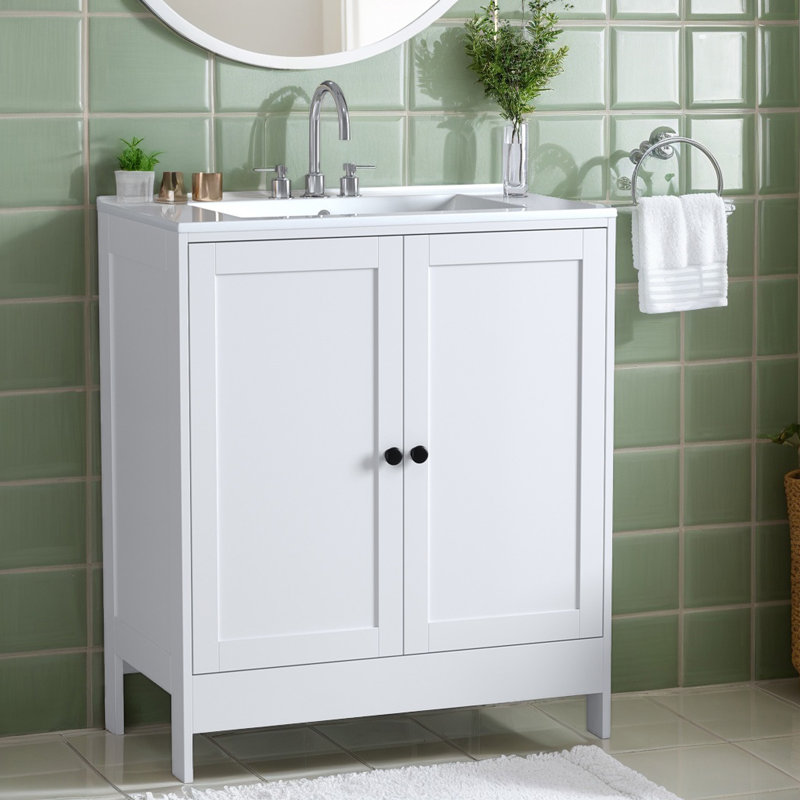 Meuble-lavabo blanc de 30 po avec plateau en céramique et rangement pour porte