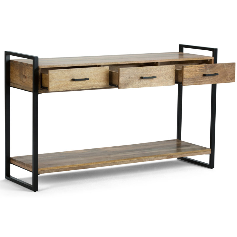 Riverside 54"W Solid Mango Wood Modern Industrial Sofa Table with 3 Drawers, Open Shelf and Metal Frame