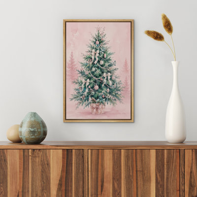 Arbre de Noël rose avec arcs et ornements, reproduction d'art sur toile encadrée