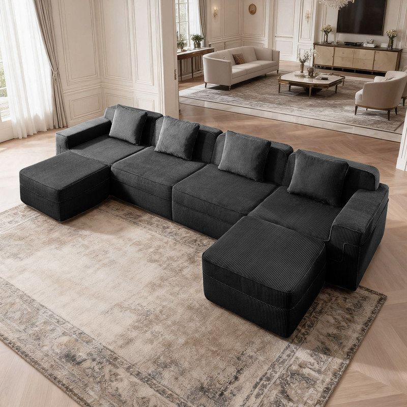 Canapé modulaire moderne en velours côtelé avec repose-pieds et coussins Modern, Velours côtelé noir