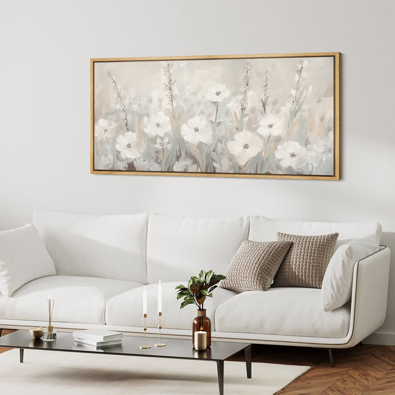 «Greenish Beige Flowers», impression sur toile encadrée de très grandes décorations murales, H 30 po x l 60 po, Naturel