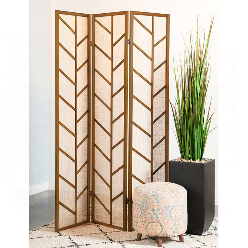 Walnut And Linen Foldable 3-Panel Screen