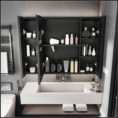 Armoire à pharmacie en aluminium avec miroir, éclairage DEL 3 couleurs, fonction antibuée, rangement pour cosmétiques et support pour sèche-cheveux