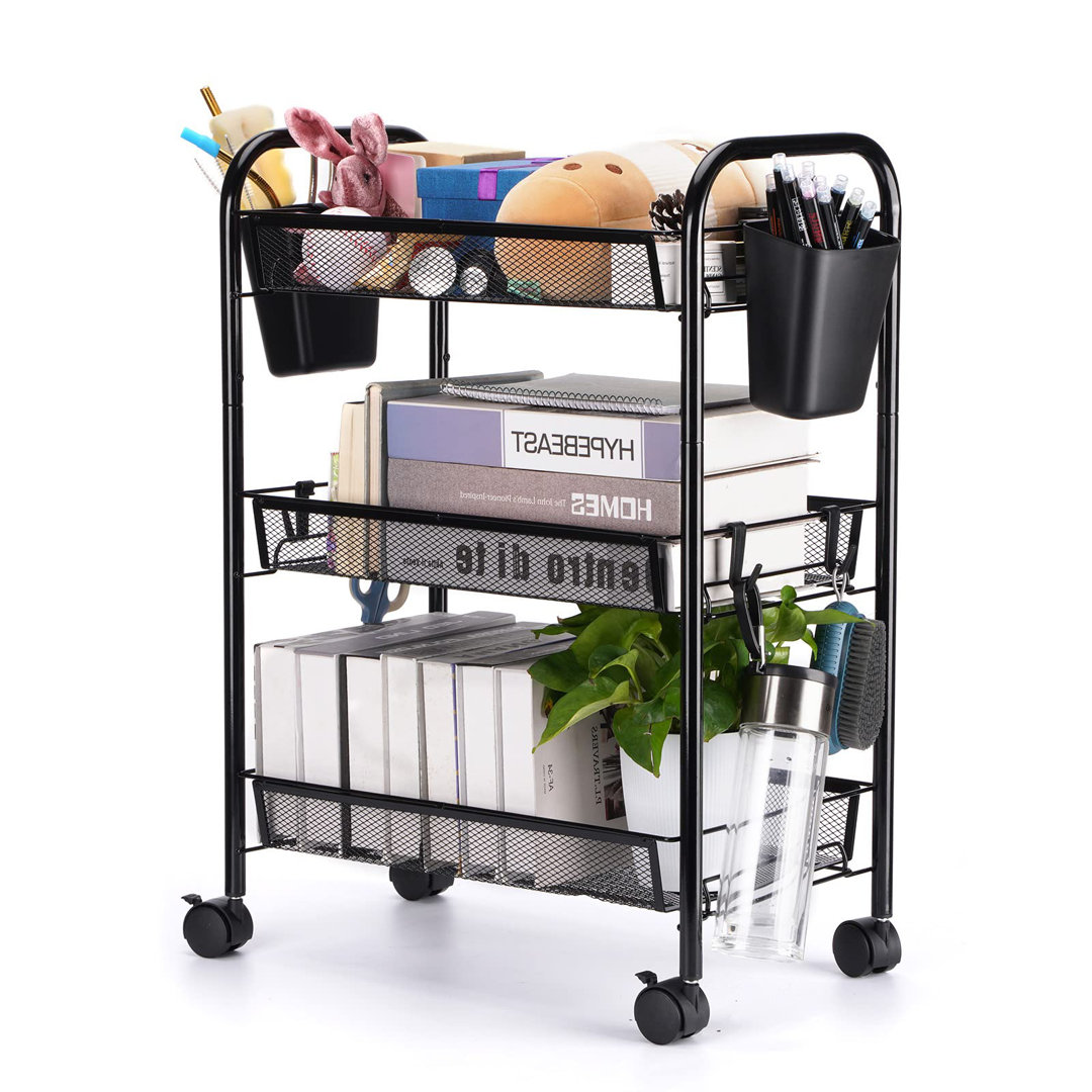 3 Tier All-Metal Rolling Utility Cart With Locking Wheels,With 2 Small Baskets And 4 Hooks