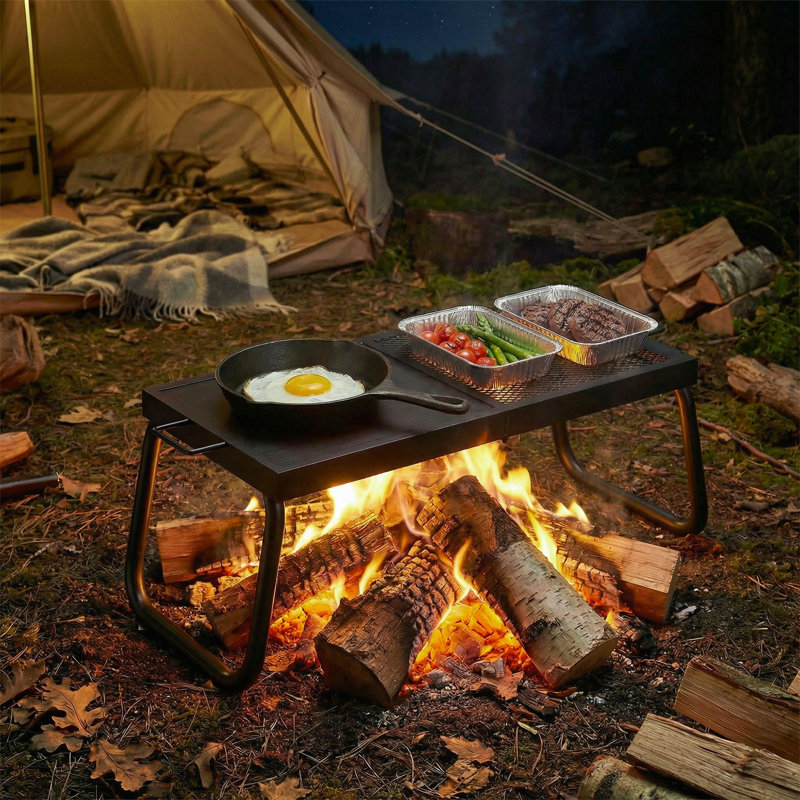 Gril de feu de camp pliant, grille de camping avec sac de transport, noir