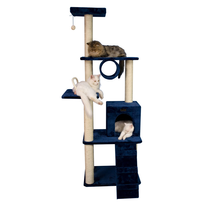 Navy Blue Sisal and Faux Fur Multi-Level Cat Tree Tower