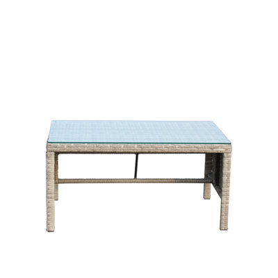Light Gray Wicker Outdoor Coffee Table with Clear Tempered Glass Top for Patio and Backyard Use