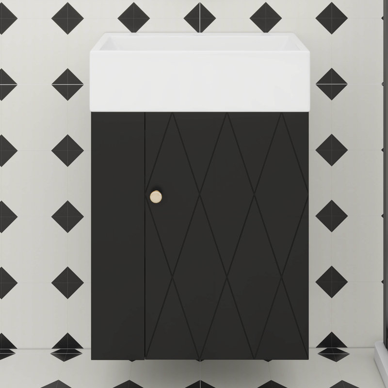 Meuble-lavabo de 20 po avec lavabo en céramique, porte à motif de losanges, poignées et tablettes de rangement latérales