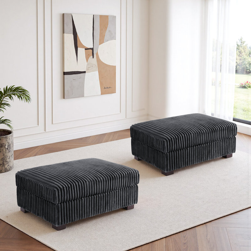 Upholstered Gray Faux Rabbit Fur Flannel Rectangle Ottoman, Modular Part For Sectional Sofa, Gray