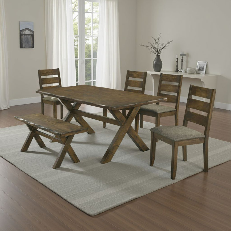 Ensemble de table de salle à manger 6 pièces Siny, fini brun muscade, 4 chaises et banc rembourrés
