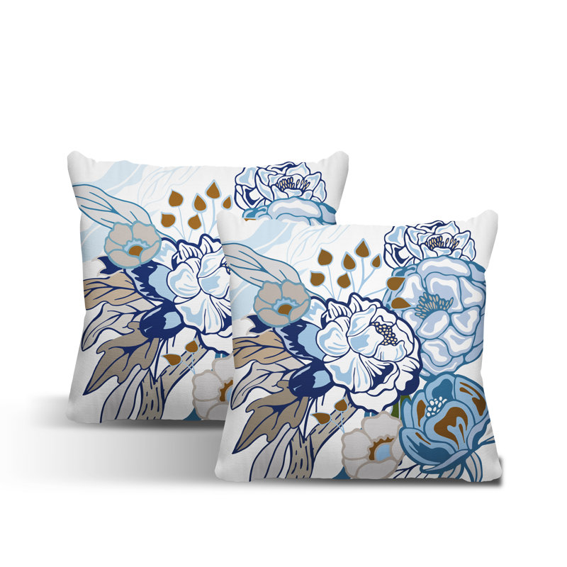 Floral Outdoor Reversible Throw Pillow, 15W" x 15H", White/Blue/Brown