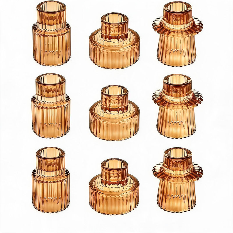 Ensemble de 9 chandeliers en verre nervuré, bougies chauffe-plat et bougies multi-styles pour la décoration de table, brun