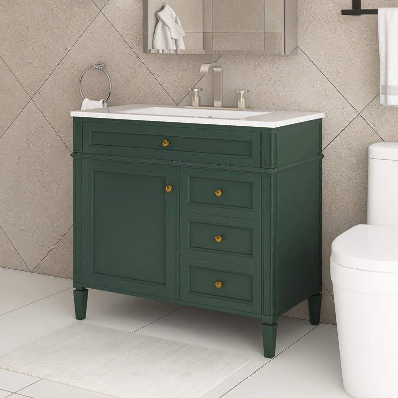 36 po Meuble-lavabo autoportant noir avec lavabo supérieur, Vert, Doré