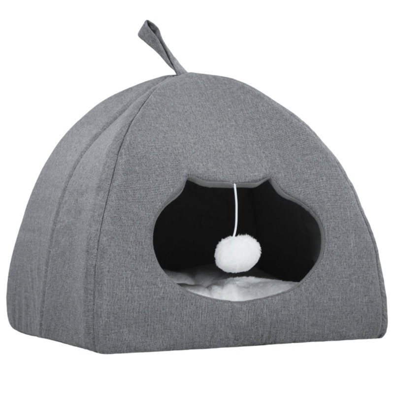 Cat Cave Igloo Bed for Indoor Kittens with Removable Cushion & Teaser Ball, Grey