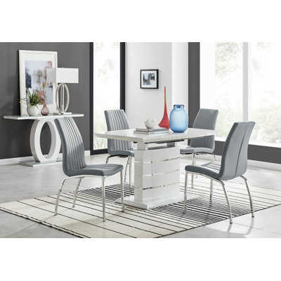 Renne Modern High Gloss Extendable Dining Table Set With 4 Soft Touch Faux Leather Dining Chairs