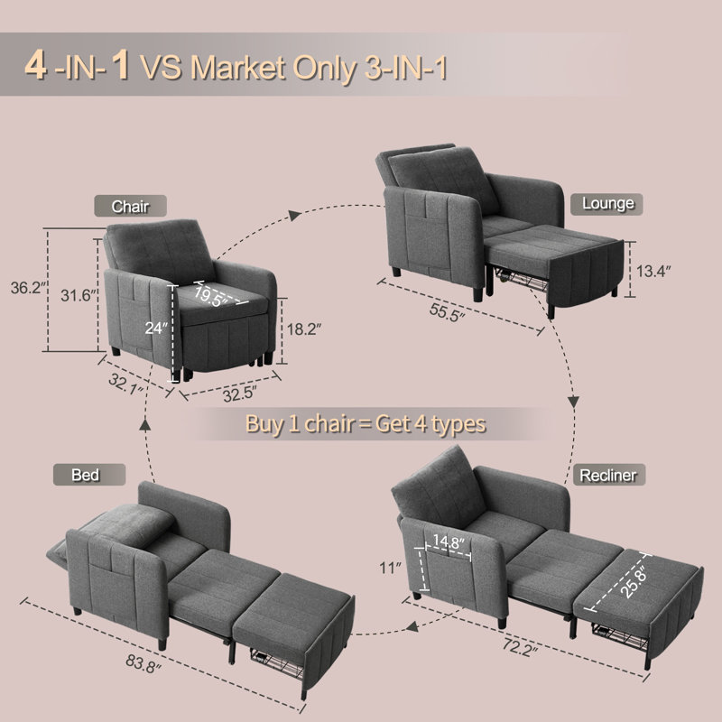Fauteuil-lit très long convertible 4 en 1 84 po avec mécanisme coulissant 84 po, Deep Grey