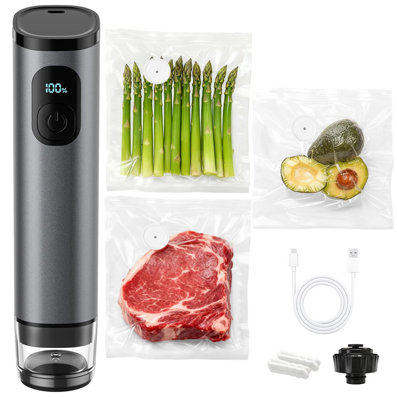 Aspirateur portatif en métal GVode, scellant alimentaire portatif 60kPa avec réservoir amovible, 30 sacs et 2 pinces pour la cuisine, le camping, le rangement de voyage, gris