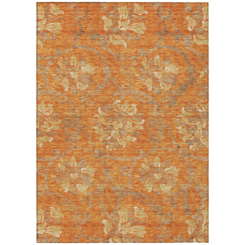 3' X 5' Orange Gray And Beige Floral Washable Indoor Outdoor Area Rug