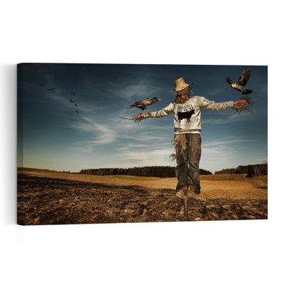 Lonely Scarecrow Field Dramatic Rustic Abstract Bird Autumn Landscape Wall Art Print 1 Piece Wrapped Canvas Wall Art