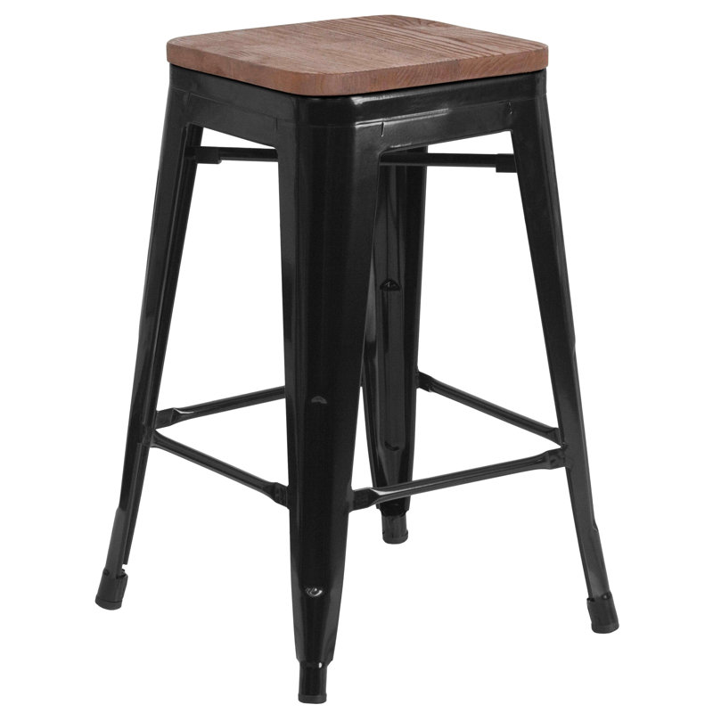 Tabouret de bar en métal sans dossier de 30 po de hauteur avec siège carré en bois Margherite, Noir, 24"