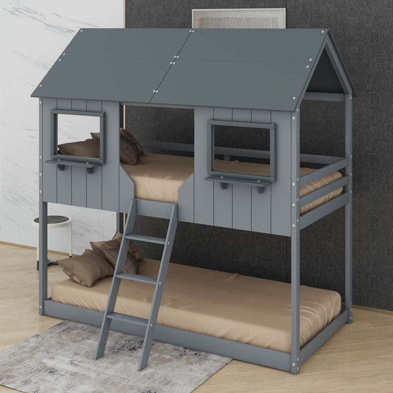 Twin Over Twin Wood Bunk Bed With Roof,Window, Guardrail And Ladder, Gray