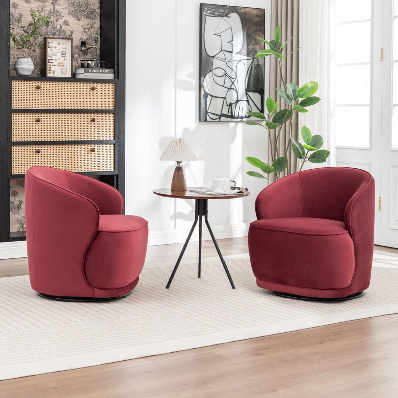 Fauteuil demi-tonneau pivotant en velours Stith, Velours rouge