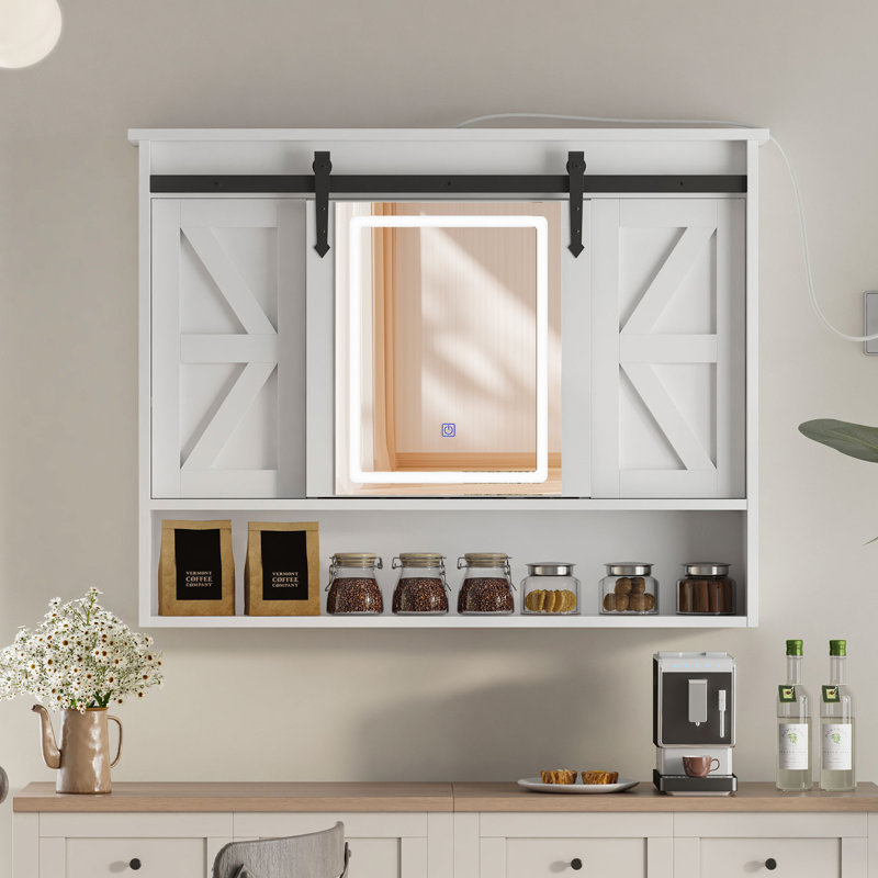 Rustic Bathroom Medicine Cabinet with LED lights & Sliding Barn Door, Wall-Mounted Storage