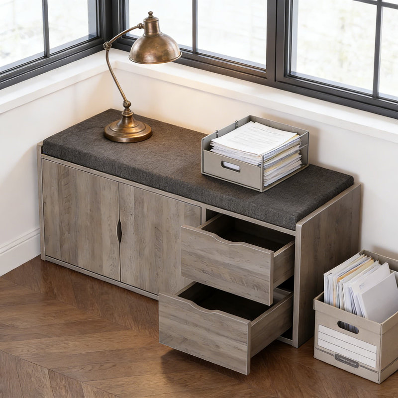 Banc de rangement industriel avec siège rembourré, 2 tiroirs et portes de grange - Banc à chaussures d'entrée avec tablette réglable pour couloir, salon ou chambre à coucher