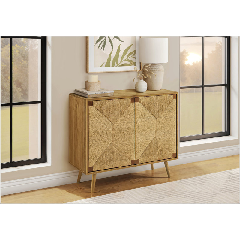 Commode d'appoint Mid-Century avec 2 portes, aspect ruppie maritime, stratifié noyer clair, 36 po de largeur, solution de rangement polyvalente
